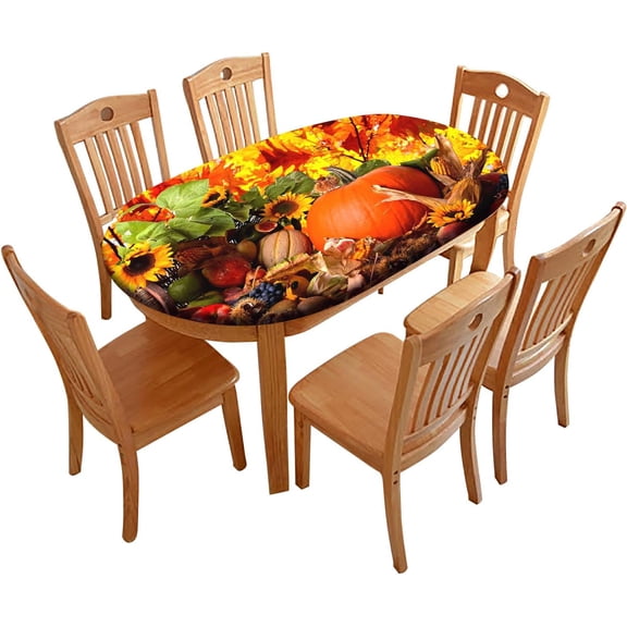 Thanksgiving Oval Fitted Tablecloth, Pumpkins with Sunflowers Elastic Edged Table Covers, Wrinkle Resistant Table Cloths for Kitchen Dining, Party, Holiday, Buffet, Fits to 48" x 68" Oval Table