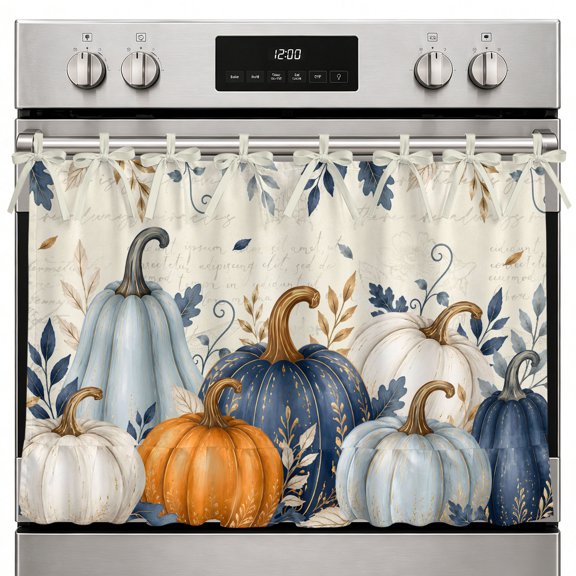Thanksgiving Oven Curtain with Tie Top, Fall Deep Navy White Blue Pumpkin Leaf Beige Backdop Oven Skirt Curtains with Tie Top Cabinet Cover Curtain for Small Kitchen Apartment Decor 27 x 20 Inches