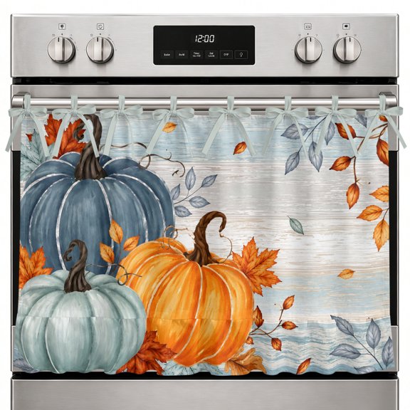 Thanksgiving Oven Curtain with Tie Top, Fall Green Orange Blue Pumpkins Maple Leaf Gray Wooden Oven Skirt Curtains with Tie Top Cabinet Cover Curtain for Small Kitchen Apartment Decor 27 x 20 Inches