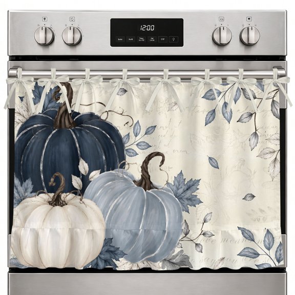 Thanksgiving Oven Curtain with Tie Top, Fall Retro Dark Blue White Pumpkin Leaf Beige Backdop Oven Skirt Curtains with Tie Top Cabinet Cover Curtain for Small Kitchen Apartment Decor 27 x 20 Inches