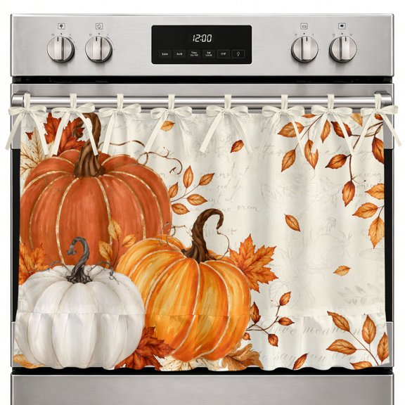 Thanksgiving Oven Curtain with Tie Top, Fall Retro Orange Beige Pumpkin Leaf Beige Backdop Oven Skirt Curtains with Tie Top Cabinet Cover Curtain for Small Kitchen Apartment Decor 27 x 20 Inches