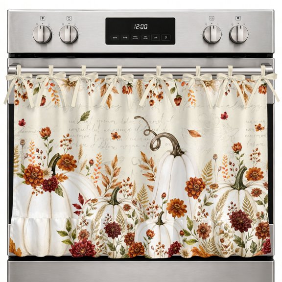 Thanksgiving Oven Curtain with Tie Top, Fall White Pumpkin Maroon Dahlia Beige Backdop Oven Skirt Curtains with Tie Top Cabinet Cover Curtain for Small Kitchen Apartment Decor 27 x 20 Inches