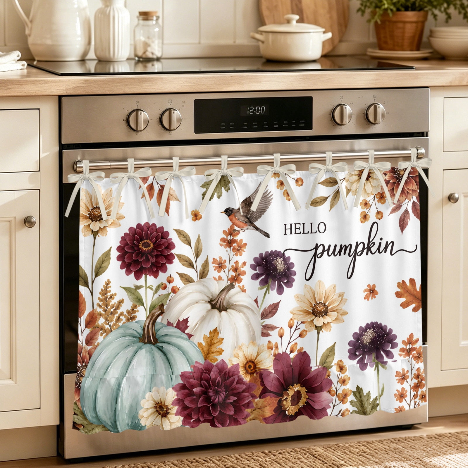 Thanksgiving Oven Skirt Curtain, Fall Blue White Pumpkin Floral ...