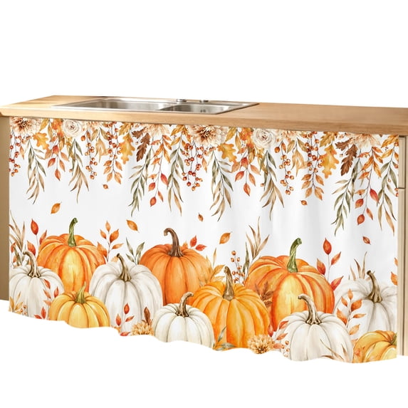 Thanksgiving Pantry Cabinet Curtains 28''x51'',Fall Orange White Pumpkin Leaves Vines Flower Sink Skirt for Bathroom Kitchen Tall Utility Cabinet,Laundry Privacy Drape Waterproof Dishwasher Curtains