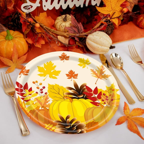 Thanksgiving Paper Plates 20-Pack 9.84 Inch Disposable Fall Party Tableware, Pumpkin Maple Leaf Pattern Plates for Holiday Dinner Harvest Celebration