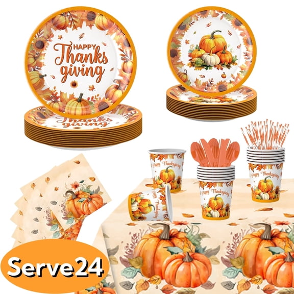 Thanksgiving Paper Plates Fall Decorations Pumpkin Disposable Dinnerware Tableware Set for Autumn Harvest Holiday Thanksgiving Party Supplies, Serves 24