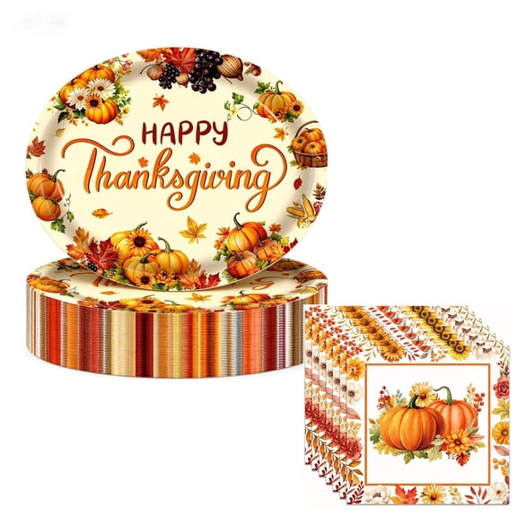 Thanksgiving Paper Plates and Napkins Set, 20 Oval Disposable Plates + 20 Fall Napkins, Pumpkin Floral Happy Thanksgiving Paper Plates, Harvest Autumn Party Supplies