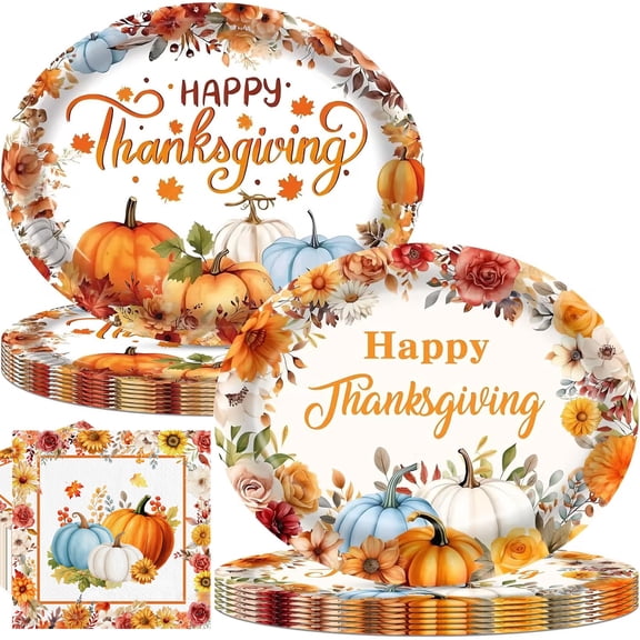 Thanksgiving Paper Plates and Napkins Set, 20 Oval Disposable Plates +20 Fall Napkins, Pumpkin Printed Brown Paper Plates, Harvest Fall Party Tableware
