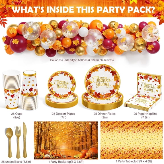 Thanksgiving Party Decorations - 291 PCS Fall Birthday Party Supplies Disposable Dinnerware Set with Maple Leaf Paper Plates Napkin Tablecloth Backdrop Balloon Garland Kit for Autumn Holiday
