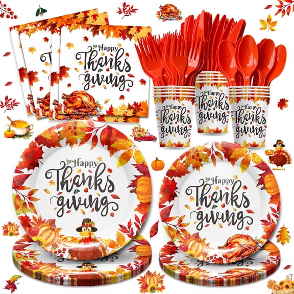 Thanksgiving Party Decorations - Autumn Turkey Party Supplies Include Plates, Napkins, Cups, Cutlery, Maple Leaf Fall Decor | Serves 24