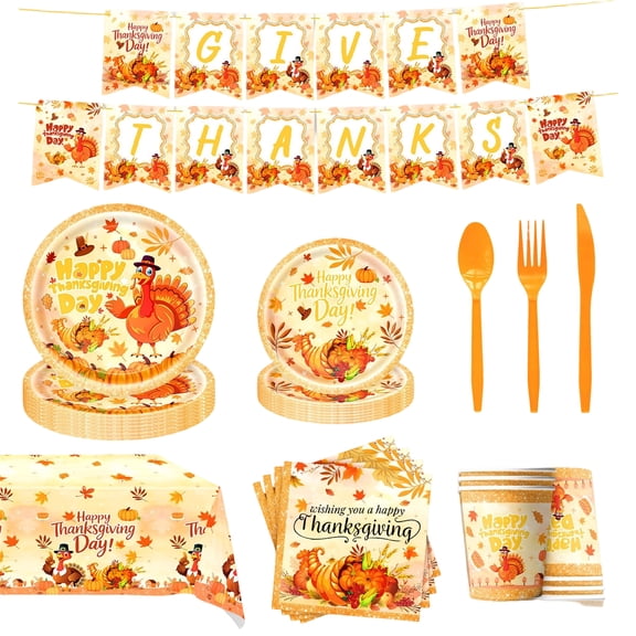 Thanksgiving Party Decorations Kit, Turkey Themed Disposable Tableware Set, 20 Plates 10 Cups 20 Napkins 1 Tablecloth 15 Banners 10 Forks 10 Knives 10 Spoons, for Harvest Thanksgiving Fall Family Din