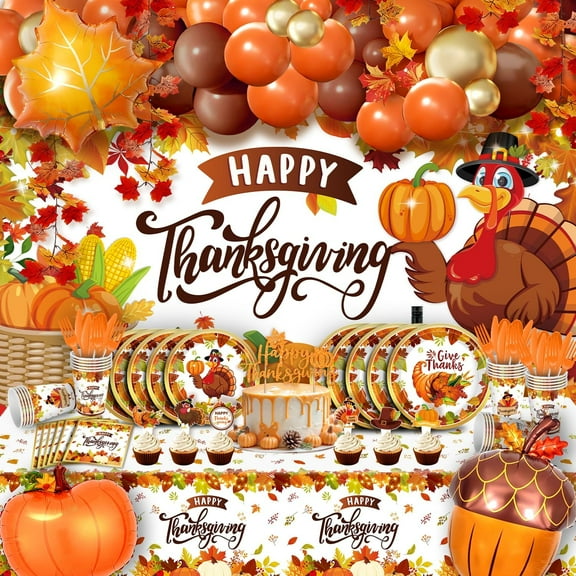 Thanksgiving Party Decorations Set, 279 Pcs Thanksgiving Party Supplies with Plates, Napkins, Backdrop, Balloon Garland and Fall Disposable Dinnerware Kit for Friendsgiving Party Decor