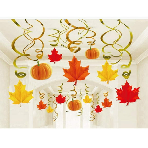 Thanksgiving Party Decorations Set - 9-Piece Hanging Decor with Maple Leaves & Pumpkins, Lightweight Plastic & Paper for Indoor Outdoor Events, Birthday, School & Masquerade Parties