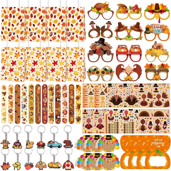 Thanksgiving Party Favors, 72 Pcs Fall Party Supplies Including Gift Bags, Slap Bracelets, Keychains, Paper Glasses, DIY Stickers and Thanksgiving Place Cards for Thanksgiving Party