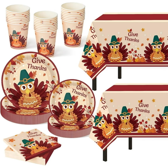 Thanksgiving Party Supplies,102 Pcs Give Thanks Themed Party Set,Thanksgiving Decoration Dinnerware Set,Disposable Tablecloths Plates Cups Napkins Tableware For Fall Home Dinner Picnic Parties