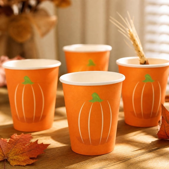 Thanksgiving Party Supplies, Pumpkin Paper Plates And Cups Set, Disposable Holiday Tableware, Fall Harvest Dinnerware Set For Family Gatherings And Seasonal Celebrations