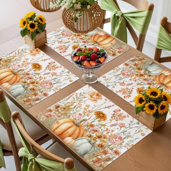 Thanksgiving Pastoral Autumn Flowers Placemats Set of 4,Wipeable Washable Table Mats for Dining Tables, Floral Field Place Mats for Kitchen Event Party Tabletop Decor
