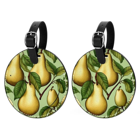 Thanksgiving Pear 2Pcs PU Leather Round Luggage Tags with Privacy Cover and Name ID Tag for Suitcase, Handbags, Backpacks, School Bags