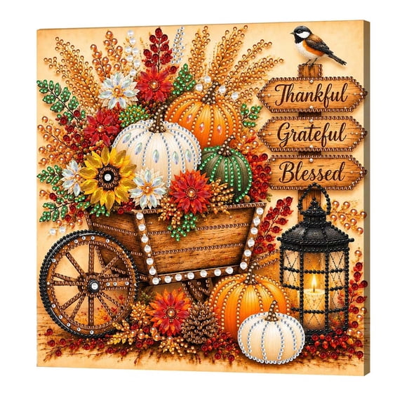 Thanksgiving Pearl Gem Art Painting Kit, 10x10in Framed DIY Bead Art, Pumpkin Fall Harvest Wall Decor for Beginners