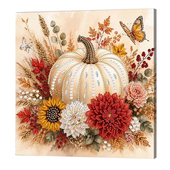 Thanksgiving Pearl Gem Art Painting Kit, 10x10in Framed DIY Bead Art, Pumpkin Fall Harvest Wall Decor for Beginners