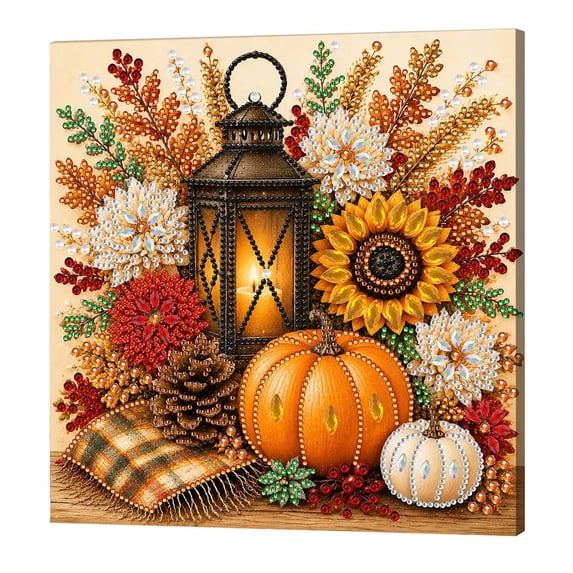 Thanksgiving Pearl Gem Art Painting Kit, 10x10in Framed DIY Bead Art, Pumpkin Fall Harvest Wall Decor for Beginners