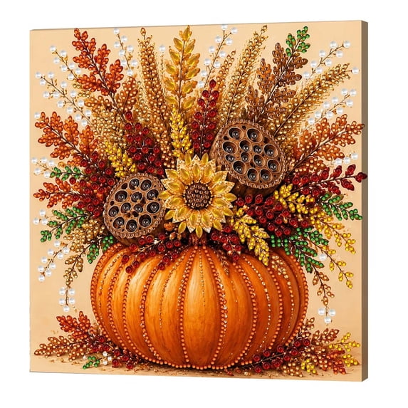 Thanksgiving Pearl Gem Art Painting Kit, 10x10in Framed DIY Bead Art, Pumpkin Fall Harvest Wall Decor for Beginners