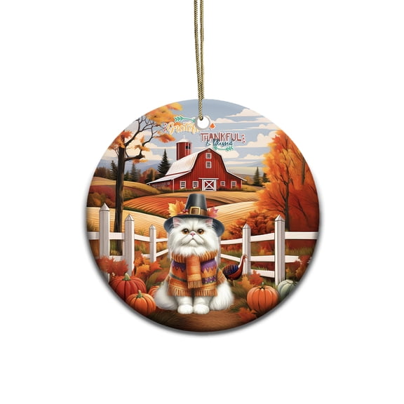 Thanksgiving Persian Pilgrim Grateful, Thankful, Blessed Fall Welcome Ceramic Round Ornament Cat Lover Kitten Owner Gifts Home Tree Decor - 00021