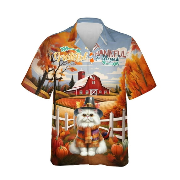 Thanksgiving Persian Pilgrim Grateful, Thankful, Blessed Fall Welcome Hawaiian Shirt Breathable Summer Unisex Merch Cat Lover Kitten Owner Gifts - 00021