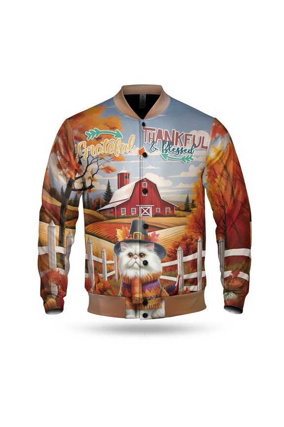 Thanksgiving Persian Pilgrim Grateful, Thankful, Blessed Fall Welcome All Over Print 3D Baseball Jacket Cat Lover Kitten Owner Gifts Bomber Jacket Softball - 00021