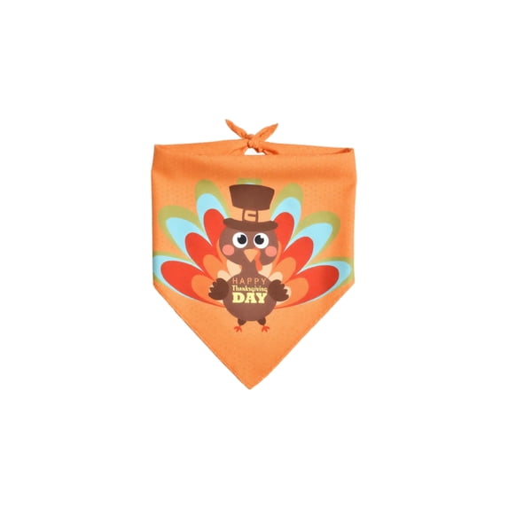 Thanksgiving Pet Bandana with Cute Turkey Print, Orange, Adjustable Tie for Dogs and Cats