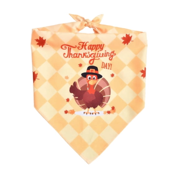 Thanksgiving Pet Bandana with Turkey and Maple Leaf Print, 1 Pack, Light Orange Plaid, for Dogs and Cats, Pet Accessories