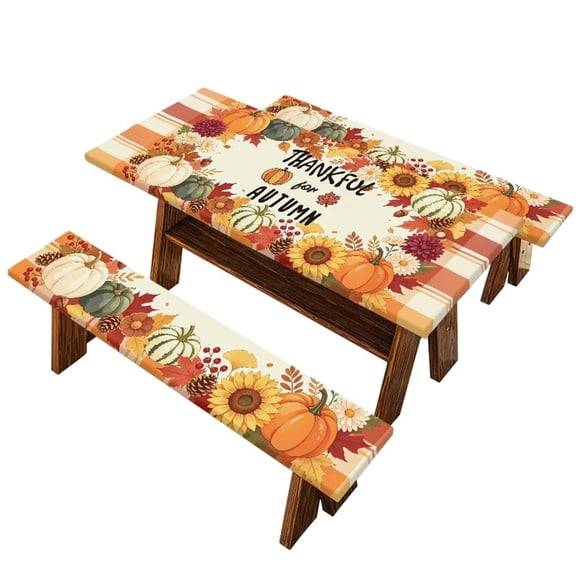 Thanksgiving Picnic Table Cover with Bench Covers, 3 Piece Fitted Waterproof Picnic Table Bench Covers for 5FT Table, Pumpkin Sunflower Fall Print