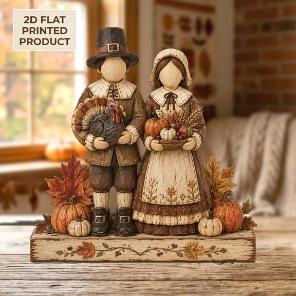Thanksgiving Pilgrim Couple Wooden Block Decor, Shelf Sitter, 5 Inch