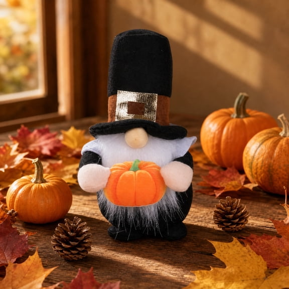 Thanksgiving Pilgrim Gnome Plush Holding Pumpkin, Fall Harvest No Face Doll Tabletop Home Decor Ornament