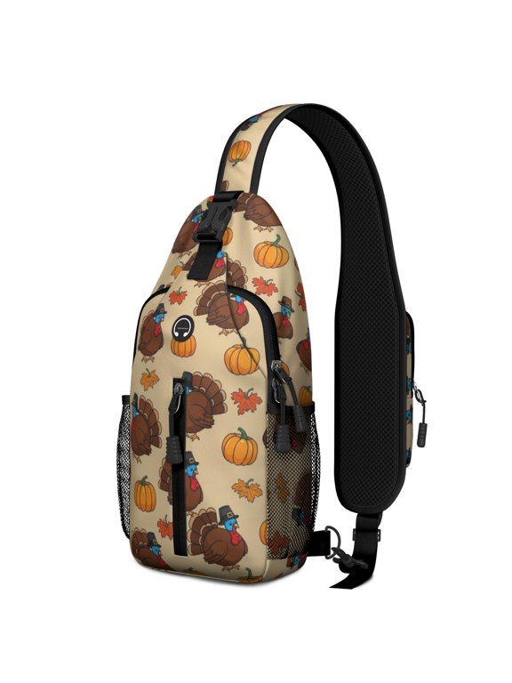 Thanksgiving Pilgrim Hat Turkey Pumpkin Sling Backpack, Casual Day Sling Pack with Earphone Port, Adjustable Strap Gift Ideas for Hiking Cycling Walking