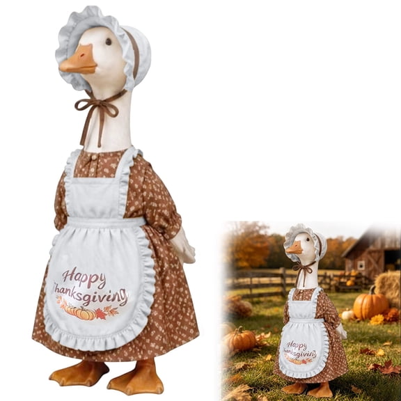 Thanksgiving Pilgrim Porch Goose Outfit Costume Fall Pumpkin Dress Bonnet Set Yard Decor, for Outdoor Concrete Goose Statue Lawn Garden Patio Autumn Harvest Thanksgiving Display