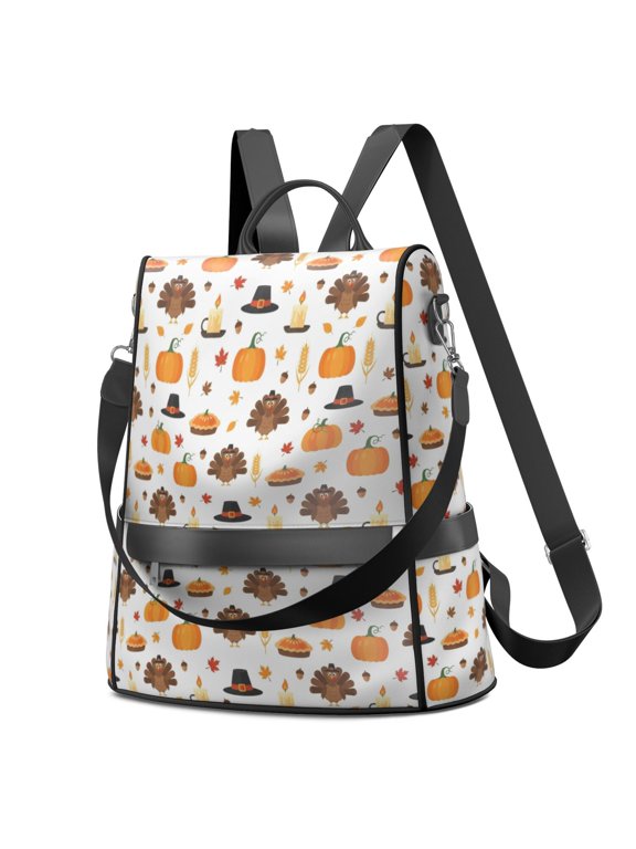 Thanksgiving Pilgrim Turkey Pumpkin Fashion Backpack, Fashion Handbag Backpack with Side Bottle Pockets & Convertible Strap, Water Repellent Polyester Gifts for Work Travel Shopping