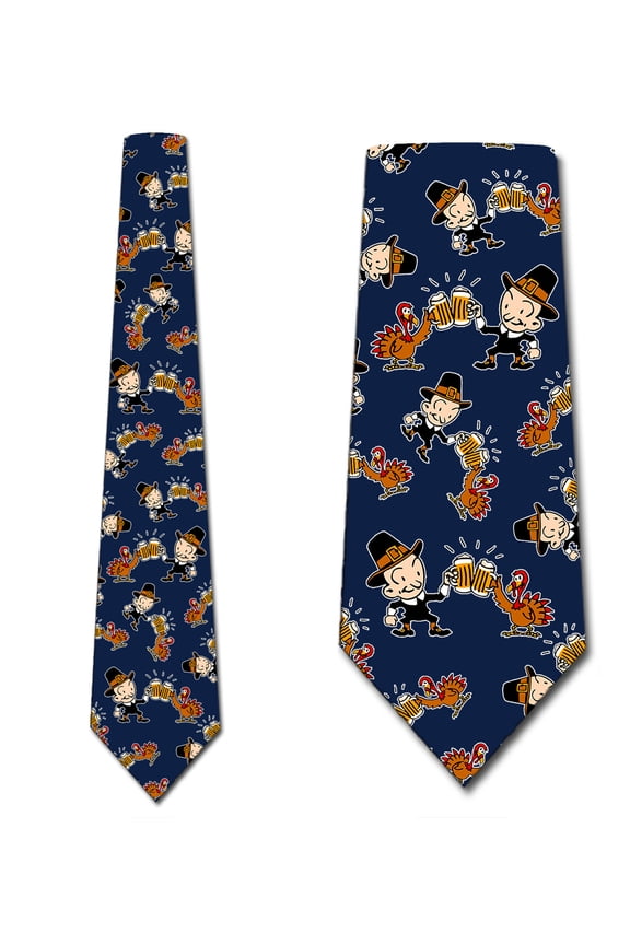 Thanksgiving Pilgrim and Turkey Cheers Ties Mens Navy Holiday Neck Tie by Three Rooker