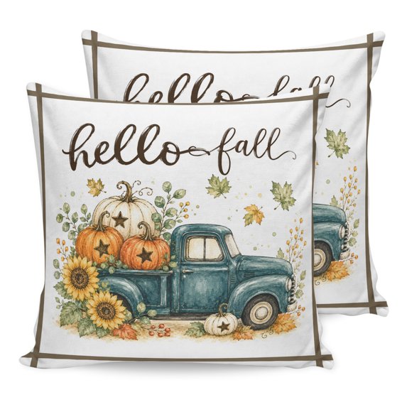 Thanksgiving Pillow Covers 16x16 Set of 2, Fall Green Truck Pumpkin Sunflower Maple Leaf Throw Pillow Covers Decorative Couch Cushion Cover, Microfiber Soft Pillowcases for Bedroom Living Room Sofa