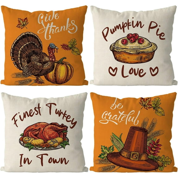 Thanksgiving Pillow Covers 18 x 18 Inch Set of 4 Vintage Turkey Pie Throw Pillow Covers Thankful Fall Autumn Pillowcase for Sofa Couch Holiday Home Decor