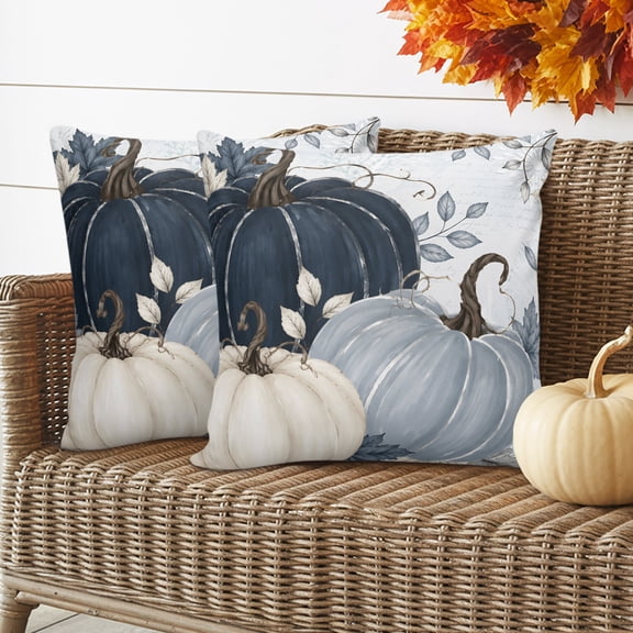 Thanksgiving Pillow Covers 2 Pack Fall Retro Dark Blue Beige Pumpkin Leaf Damask Pattern Pillowcase Waterproof Outdoor Throw Pillow Cover for Patio Garden Balcony Decorative Square Cushion 24"x24"