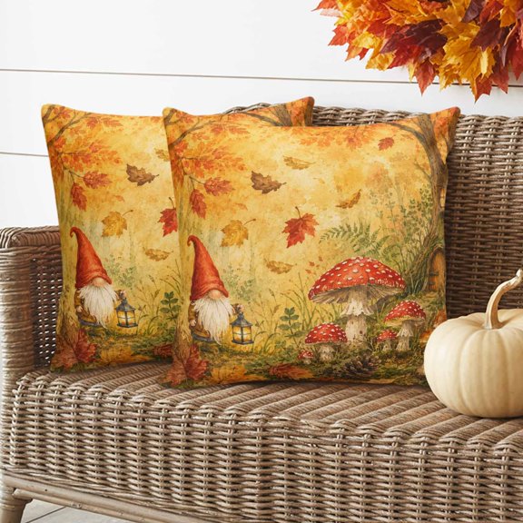 Thanksgiving Pillow Covers 2 Pack Forest Gnome Toadstool Mushrooms Tree Hollow Rustic Pillowcase Waterproof Outdoor Throw Pillow Cover for Patio Garden Balcony Decorative Square Cushion 16"x16"