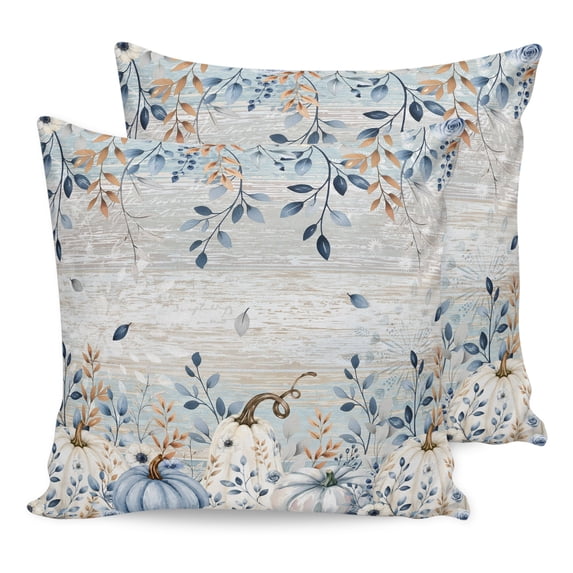 Thanksgiving Pillow Covers 26x26 Set of 2, Fall Blue White Pumpkin Leaves Wood Plank Throw Pillow Covers Decorative Couch Cushion Cover, Microfiber Soft Pillowcases for Bedroom Living Room Sofa