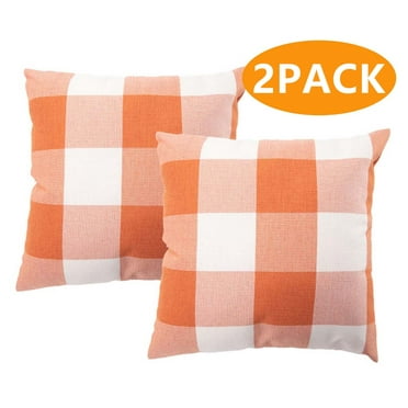 Thanksgiving Pillow Covers Fall Decoration Buffalo Check Plaid Throw Pillow Covers Farmhouse Cushion Case Polyester Linen for Fall Home Decor Orange and White, 18 x 18 Inches 2PCS