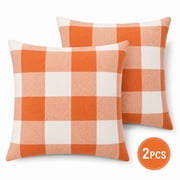 Fall Pillow Covers Thanksgiving Decoration Orange Buffalo Check Plaid Throw Pillow Covers Farmhouse Cushion Case Polyester Linen for Fall Home Decor Orange and White, 18 x 18 Inches 2PCS