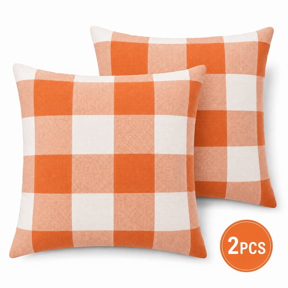 Fall Pillow Covers Thanksgiving Decoration Orange Buffalo Check Plaid Throw Pillow Covers Farmhouse Cushion Case Polyester Linen for Fall Home Decor Orange and White, 18 x 18 Inches 2PCS