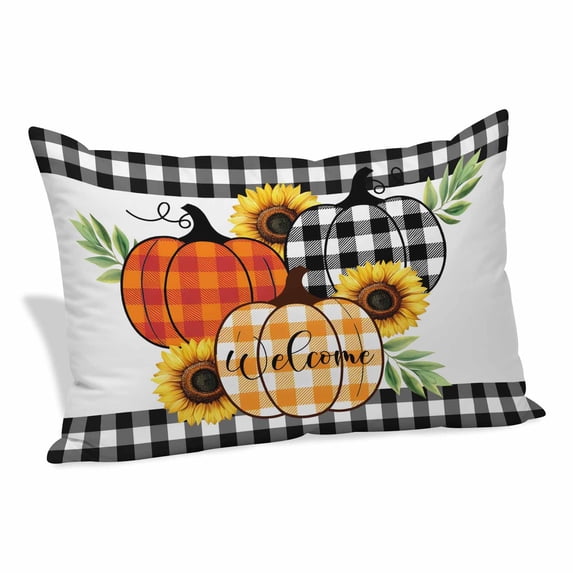 Thanksgiving Pillow Covers, Linen Long Throw Pillow Case, Fall Orange Black Plaid Pumpkin Sunflower Holiday Pillow Protector Decorative Cushion Cover for Living Room/Bedroom 20" x 26"