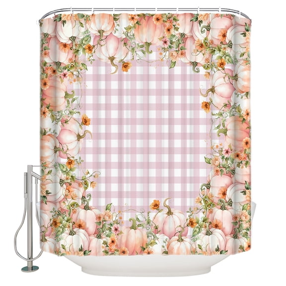 Thanksgiving Pink Shower Curtain, 72" x 72", Pumpkin Fall Sunflower Pink Plaid Waterproof Bathroom Curtain Washable Shower Curtain Set with 12 Hooks