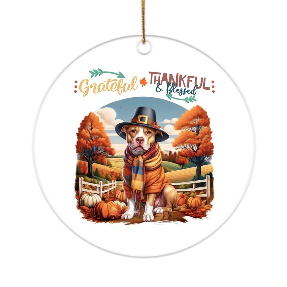 Thanksgiving Pitbull Pilgrim Grateful, Thankful, Blessed Fall Welcome Acrylic Round Ornament Terrier Dog Lover Home Tree Decor - 00021