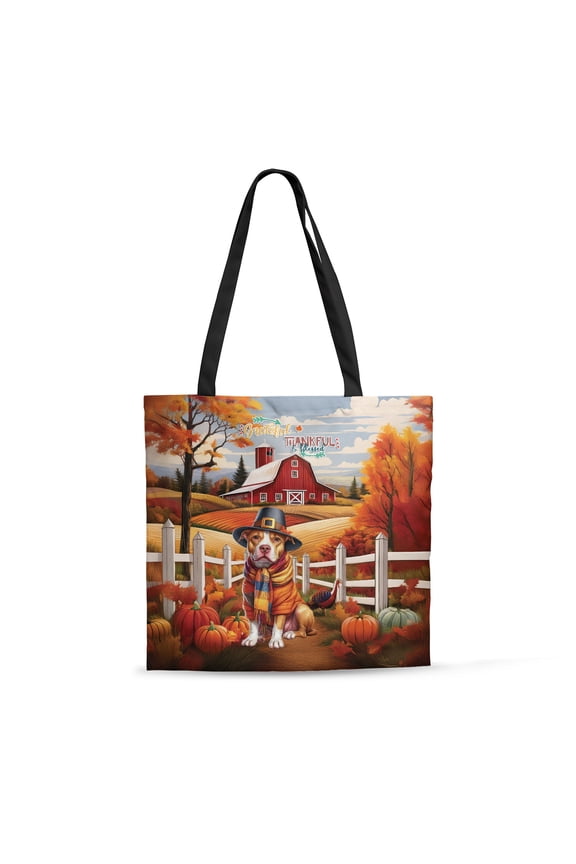Thanksgiving Pitbull Pilgrim Grateful, Thankful, Blessed Fall Welcome All Over Print 3D Canvas Tote Bag Terrier Dog Lover Reusable Handbag - 00021